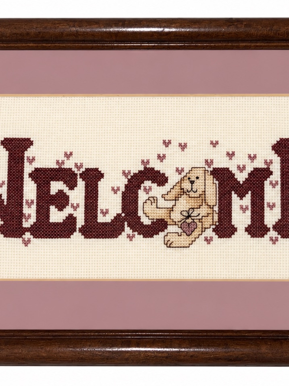 Welcome Cross-Stitch Wall Art in Pink and Cream
